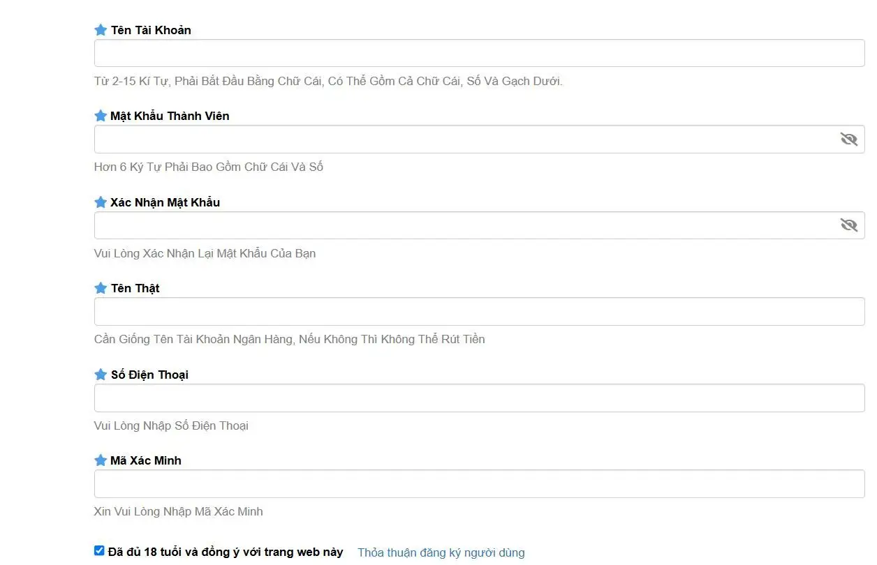 Điền thông tin đăng ký Vin777