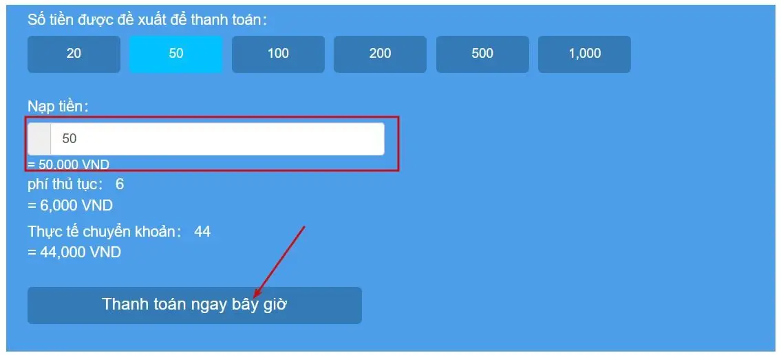 Nhập số tiền nạp